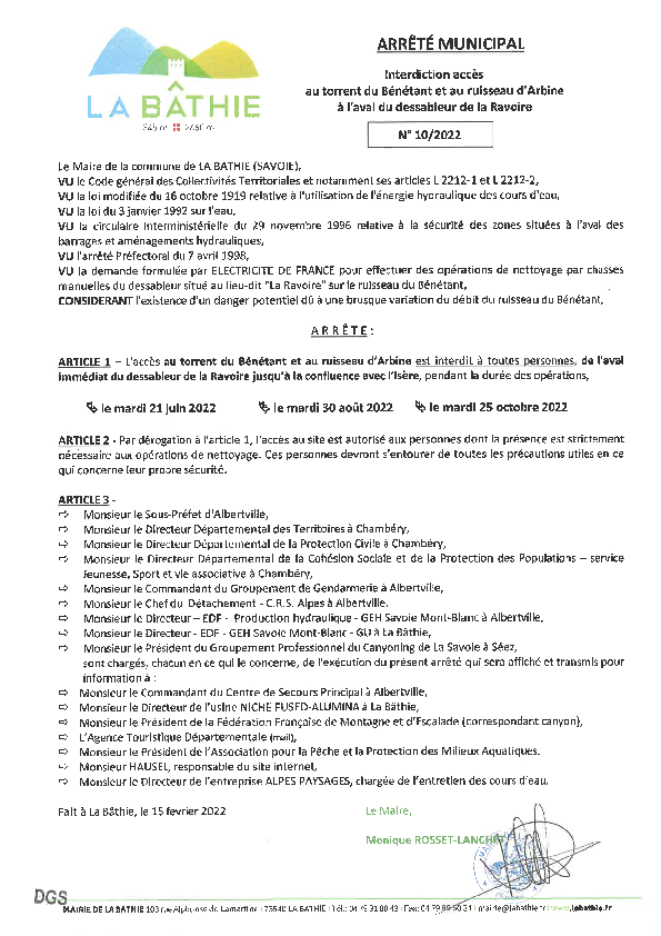 Arrete N°10 2022 nettoyage du dessableur du Benetant 2 - Compagnie des Guides Vanoise