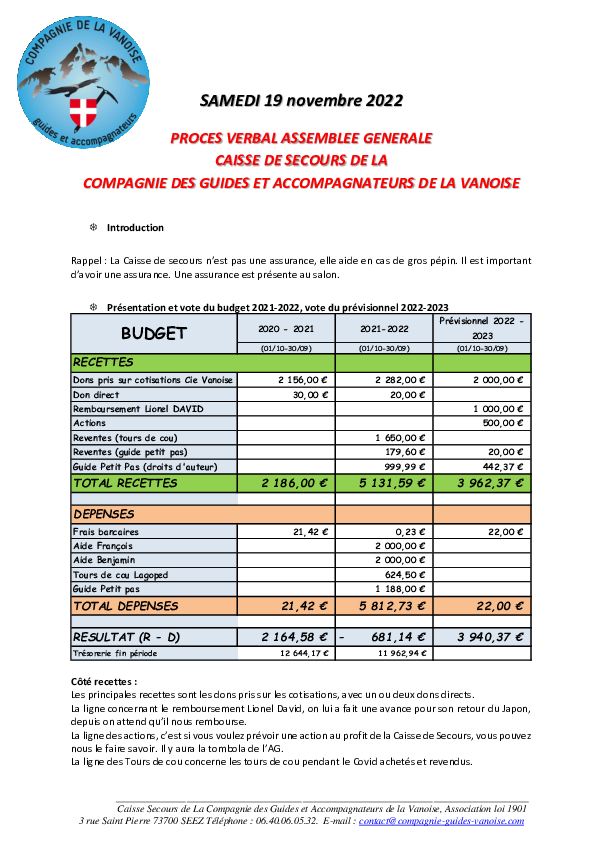 Cpte rendu AG Caisse Secours - Compagnie des Guides Vanoise