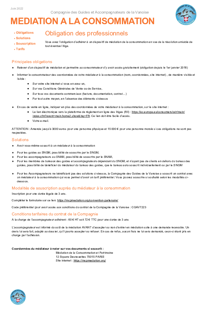 Information mediation consommation - Compagnie des Guides Vanoise