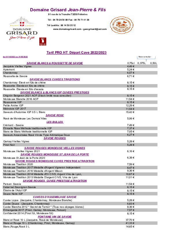 Tarif GRISARD HT 2022 2023 - Compagnie des Guides Vanoise